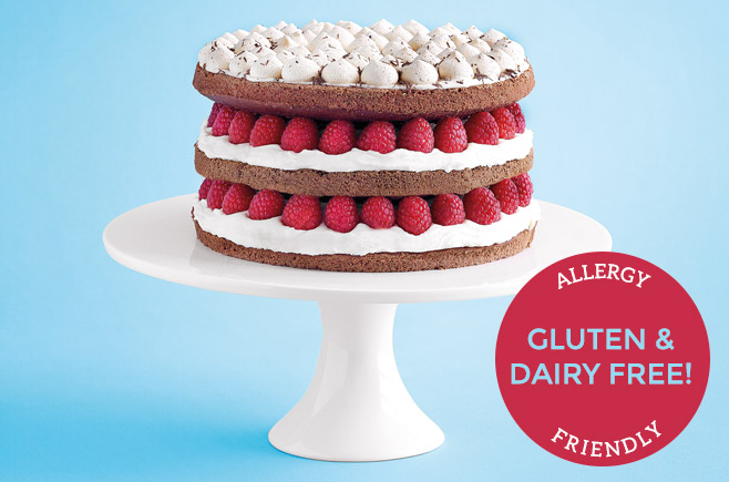 Allergy Friendly Red Velvet Cake gluten-free with raspberries and meringue topping