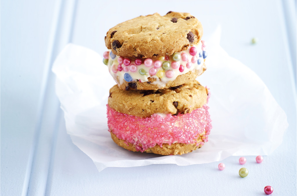 Gluten-free ice cream sandwiches in a stack with coloured sprinkles