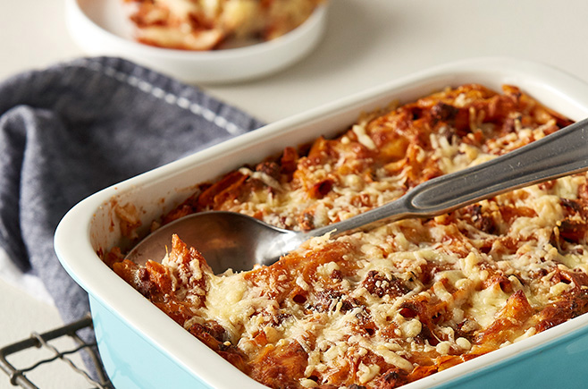 Gluten-free bolognese pasta bake made from kangaroo mince to save you money.