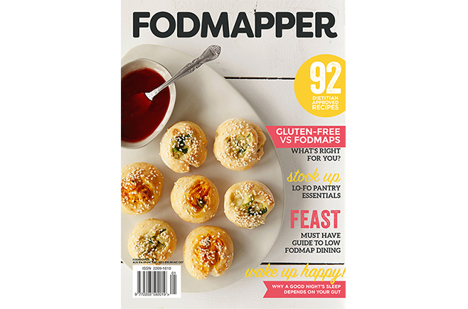 FODMAPPER Magazine issue two cover featuring low FODMAP baked vegetable dumplings and serving sauce.