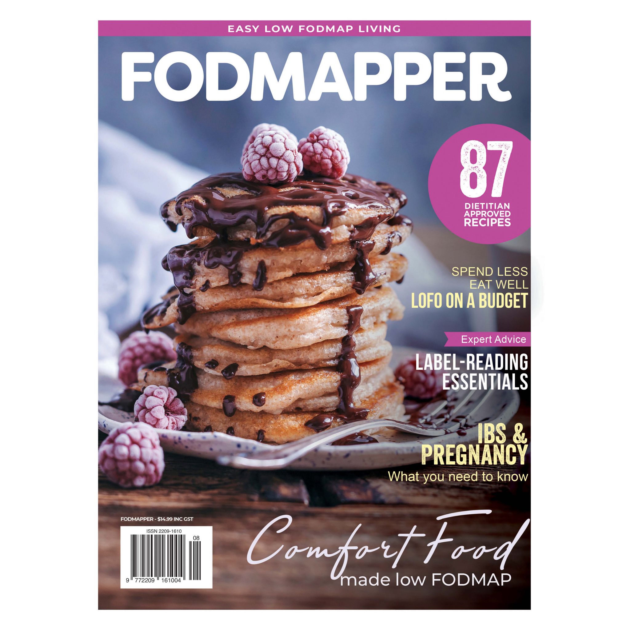 Cover of FODMAPPER issue 8 featuring a stack of fluffy gluten-free pancakes with chocolate sauce and raspberries.
