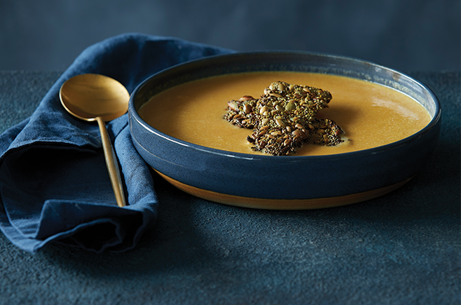 Curried Sweet Potato Soup with Seed Crackers
