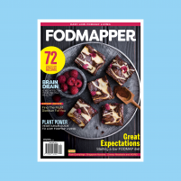 Issue 12 of FODMAPPER magazine featuring sliced raspberry cheesecake brownies on the cover.
