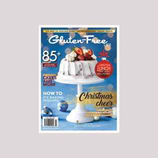 Issue 35 of Australian Gluten-Free Life magazine featuring a dairy-free blueberry ripple ic cream cake on a white cake stand topped with berries and mini meringues.