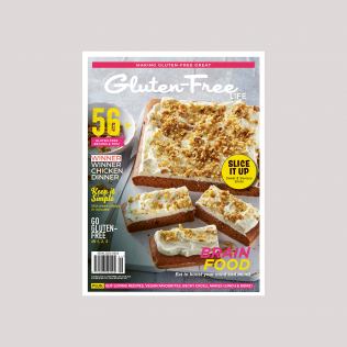 Issue 36 of Australian Gluten-Free Life magazine featuring 56 gluten-free recipes and tips. Pictured on the cover is a sweet potato cake with cream cheese frosting and crushed walnuts. Half of the cake is sliced and positioned on a white board.