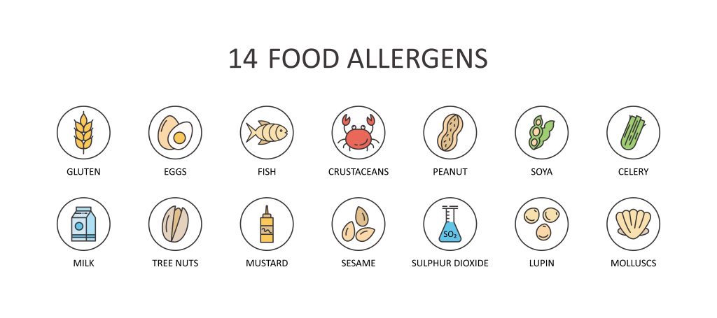 14 different food allergens as illustrations to show food allergy vs food intolerance.