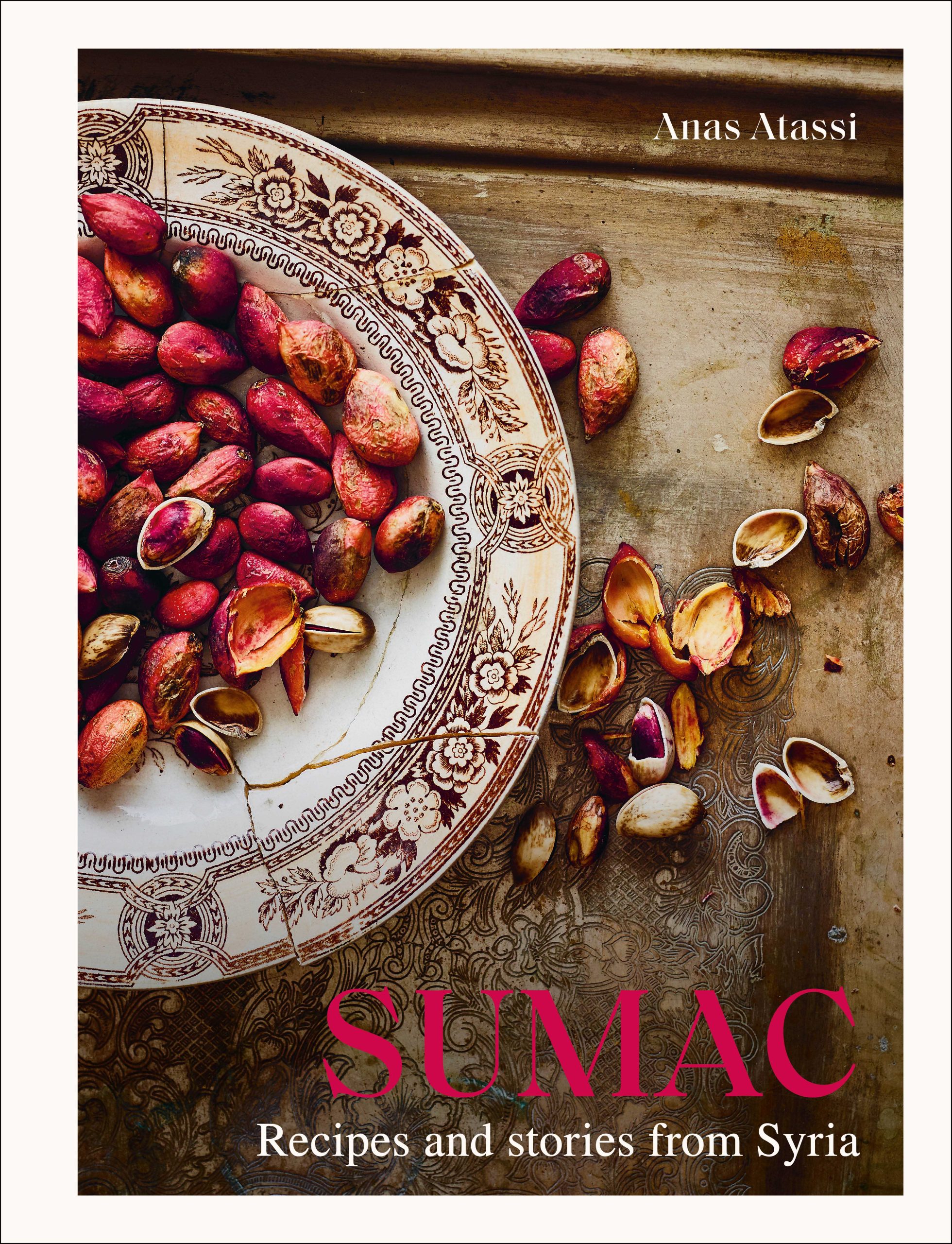 Cover of cookbook Image and text from Sumac by Anas Atassi, food photography by Jeroen van der Spek. Murdoch Books RRP $49.99. Recipes and stories from Syria. Cover features a decorative plate with pstiachios