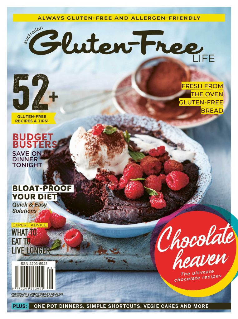 Cover of Australian Gluten-Free Life magazine Issue 39 featuring 52 gluten-free recipes and tips including the dairy-free self-saucing chocolate pudding pictured on the cover.
