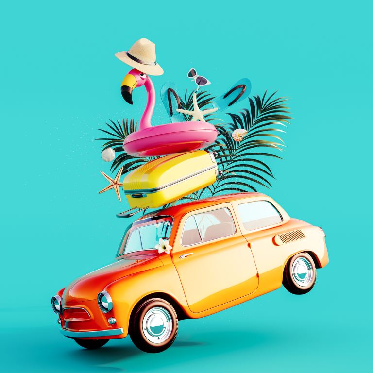 Retro yellow car loaded for holidays with a suitcase, flamingo floatie, hat, sunglasses and palm leaves balancing on the roof.