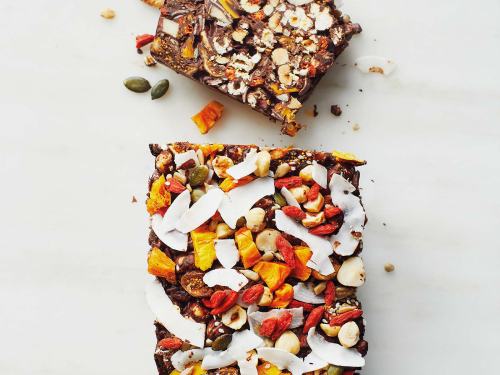 Prebiotic rocky road with a slice cut off and ready to serve.