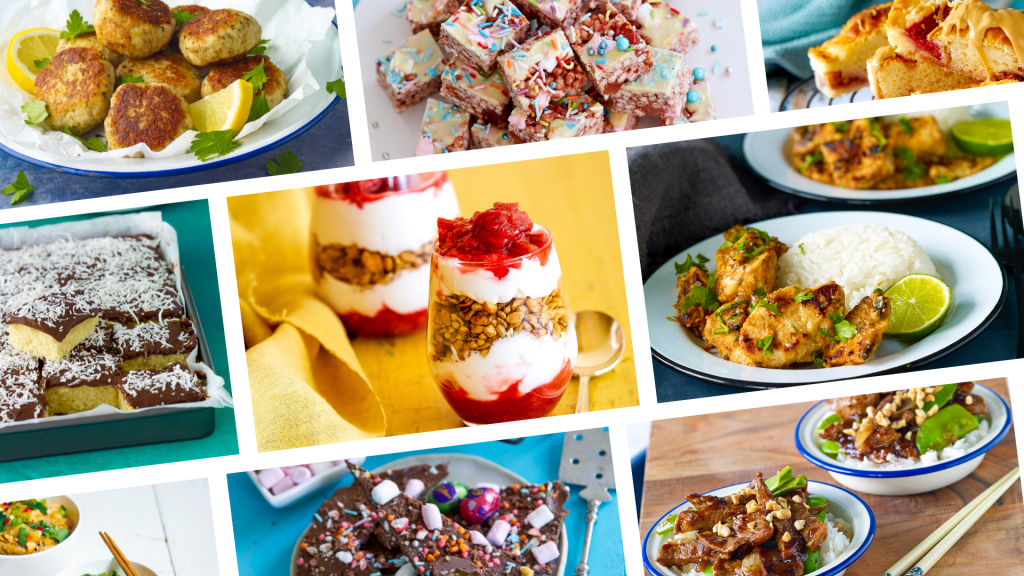 Assorted gluten-free recipe images that have featured in australian gluten-free life magazine on a grid including raspberry breakfast parfait, satay chicken and lamington slice.