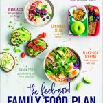 Cover of The Feel Good Family Food Plan cookbook displaying different meals from the book including noodle bowl, avo toast and a lunchbox.